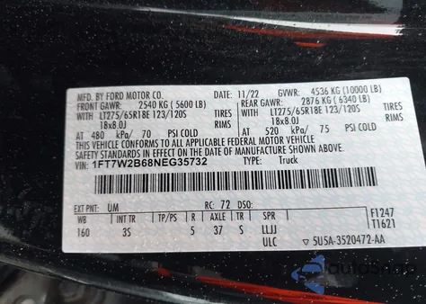 2022 Ford F-250 Xlt из США, поврежденный, VIN 1FT7W2B68NEG35732